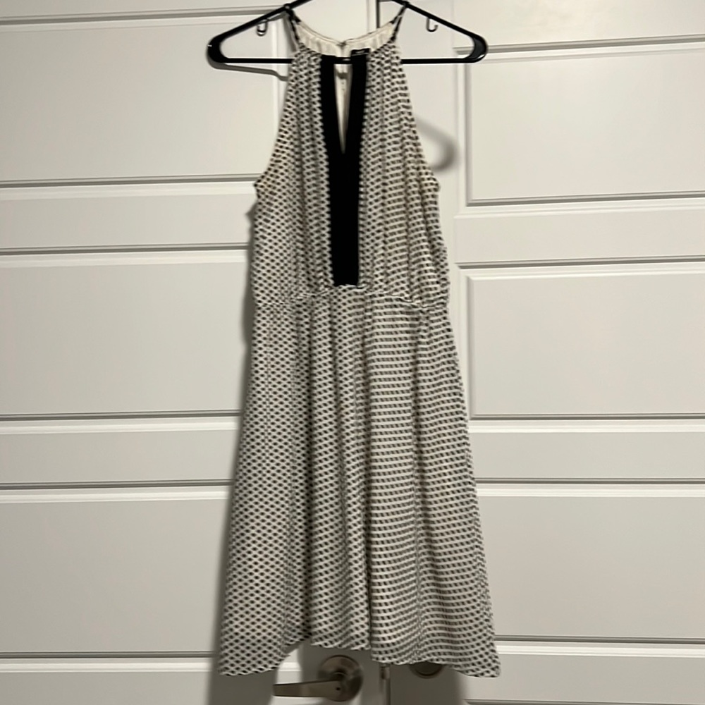 Fun black and white shirt dress, empire waist high neck with opening at sternum